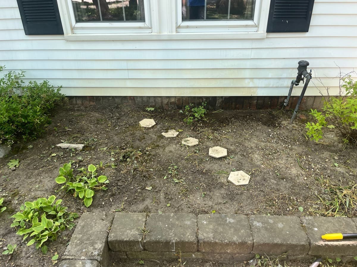 Overgrown garden bed along house foundation before cleanup