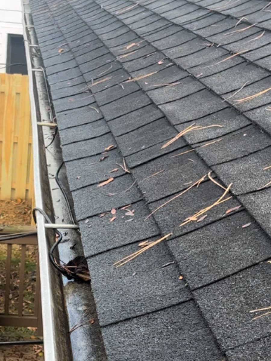 Same gutter run with the leaf pack removed and the trough rinsed wet