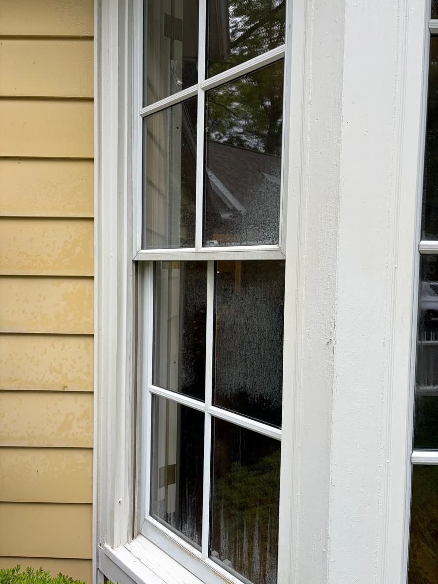 Double-hung window with spotted, hazy glass next to yellow siding